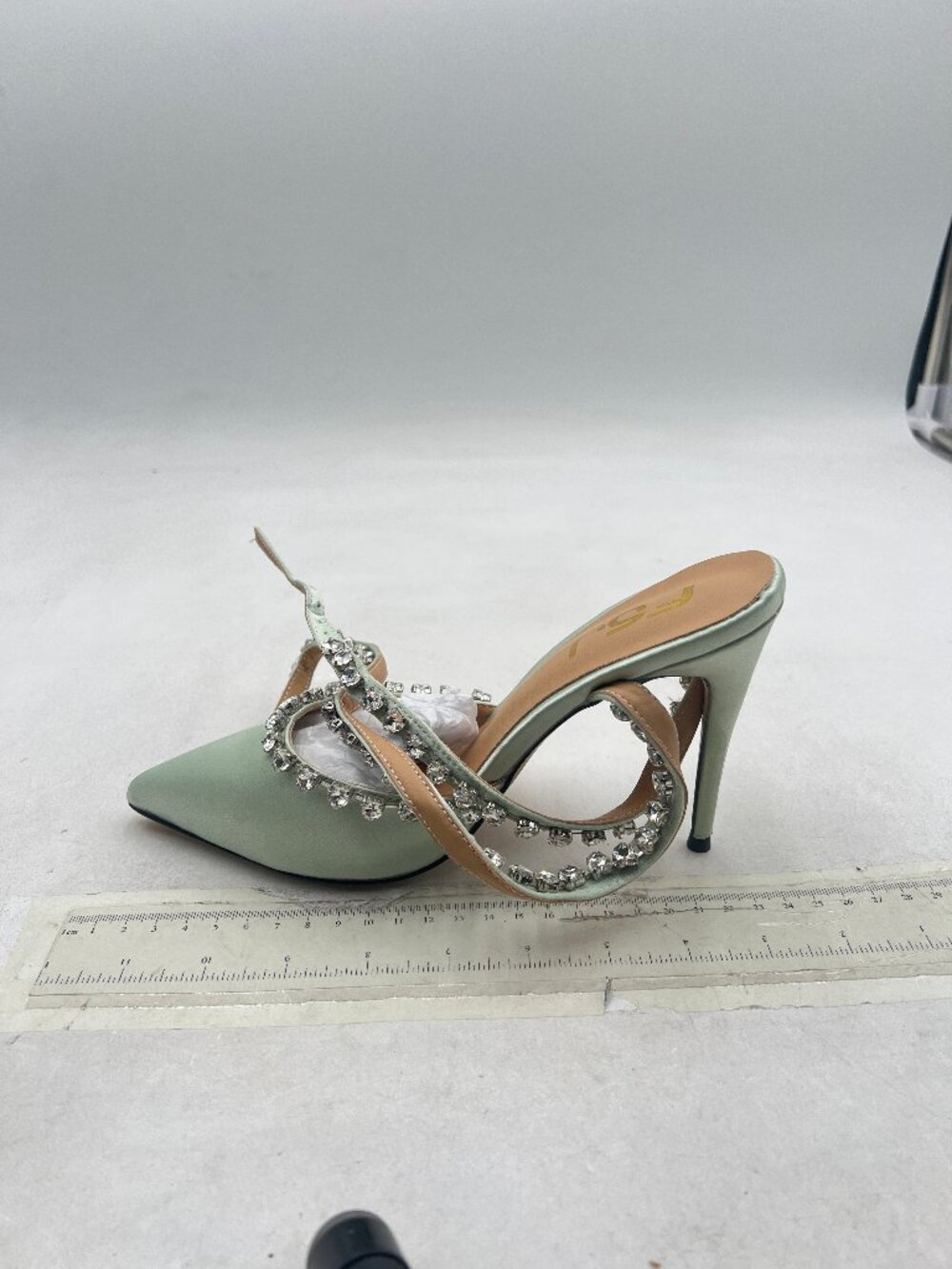 FSJ Light Green Bejeweled Bridal Pointed Toe High Heel Crystal Ankle Strap Pumps